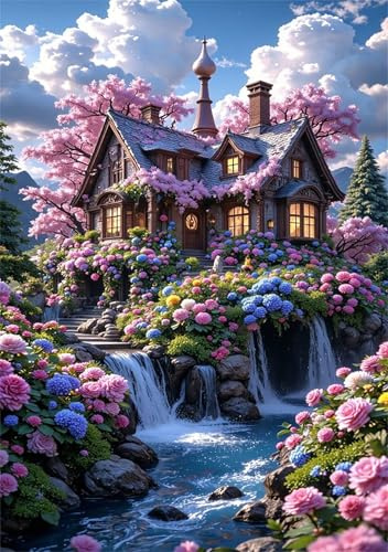 Jigsaw Puzzles 500 piece,Puzzles for Adults,Challenging Educational Family Activity Games Home Decoration Puzzle Cottage Flowers River 20.5 x 15 inch