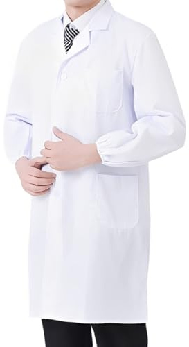 WUFKOP Blouse de Laboratoire Blanche à Manches Longues en Mélange Coton-Polyester, avec 3 Poches et Boutons, pour Cours de Chimie, Professionnels de Santé, Cosplay et Événements