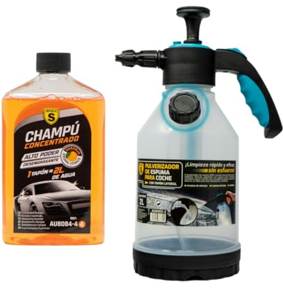SPSIL Pack Lavado de Coche-Champú Concentrado pH Neutro con Espuma Activa Aroma Cítrico 500ml + Pulverizador de Espuma 2L,Kit Completo para Limpieza Profesional en Coches y Motos