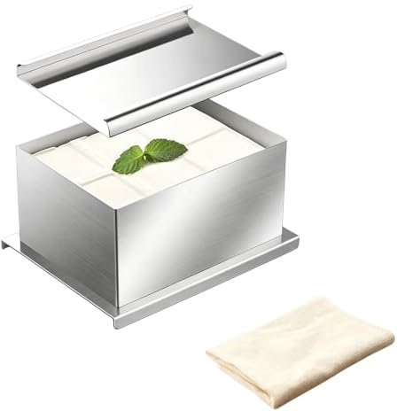 Presse à tofu, en acier inoxydable, 16 x 12 x 9 cm, avec étamine à fromage, presse à tofu, avec plusieurs trous de drainage et bac d'égouttement, pour cuisine, restaurant, fait maison