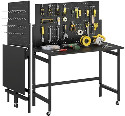 HOMCOM Banco da Lavoro Pieghevole 9cm, Tavolo da Lavoro con Pannello Forato e 30 Ganci, Ruote, 115x62x143.5cm, Piano Spesso in Legno, Struttura in Acciaio, Garage, Officina e Casa, Portata 120kg, Nero