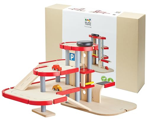 PlanToys® Parking Garage Wooden Montessori Imaginative and Creative Play Set | Problem Solving, Social Interaction and Early Coordination Activity | Eco Friendly Vehicle and Ramp Play Set