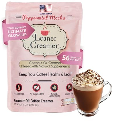 Leaner Creamer Non-Dairy Sugar Free Coffee Creamer Powder. Perfect Coconut Oil Non-Dairy Powder To Naturally Cream and Sweeten Coffee, Smoothies, Protein Shakes & More! Ideal Flavoring For All Diets 9.87 oz Pouch PEPPERMINT MOCHA