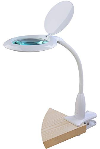 SEMPLIX LED Lupen-Tischleuchte mit Tischklemme, 60 weisse LEDs, weiß, Große Echtglas Lupe (127 mm, 3 Dioptrien), 4-fach Dimmbar