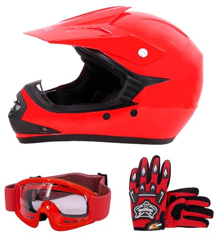 Zorax ZOR-X15 Red L (53-54cm) Youth Kids Children Motocross Motorbike Helmet & Gloves L(7cm & Goggles - Junior Dirt Bike Off Road Motorcycle Crash Helmet ECE 2206