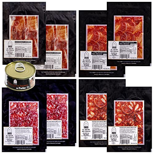 El Arcón del Fraile – Iberico Pata Negra Schinken 100% Bellota Geschenkset – Premium Schulter, Lomo, Chorizo, Salchichón, Sobrasada + 2 vorgeschnittene Aufschnittpackungen (Loncheados) – Spanien