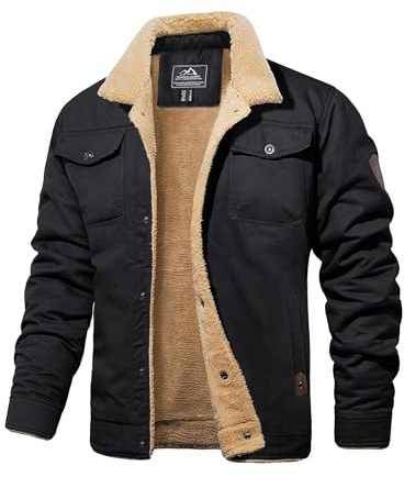 MAGCOMSEN Men's Trucker Jacket Thermal Fleece Lining Military Jackets Cargo Work Cotton Casual Coat Outdoor Tactical Coats,Black,2XL
