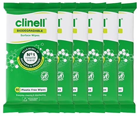 Clinell Universal Biodegradable Cleaning and Disinfectant Wipes for Surfaces - Pack of 6 - 60 Wipes per Pack (360 Wipes) - Plastic Free - Multi-Purpose Wipes, Kills 99.99% of Bacteria & Viruses, Green