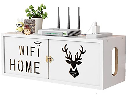 NUODWELL Wall-Mounted WiFi Router Storage Box With Cabinet Door - Socket and Wire Storage Box - TV Set-Top Organizer With Decorative Panel (White)