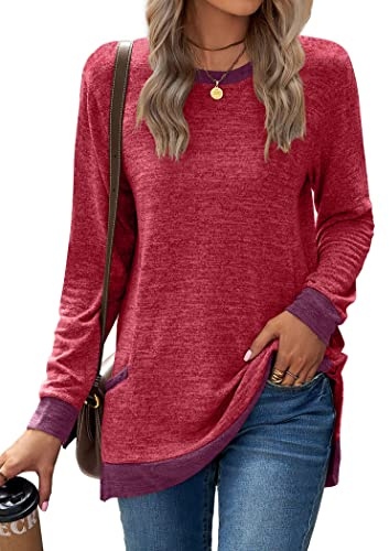 Famulily Ladies Longline Tops Color Block Jumper Sweatshirt Round Neck Long Sleeved Cotton T Shirts with Pockets Red XXL