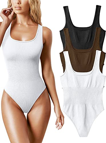 AIDEUX Body de 3 piezas sin mangas para mujer, camiseta de tirantes con cuello cuadrado, mono adelgazante acanalado, sexy y sin costuras