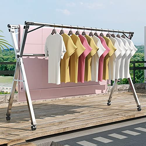 UVCMDUI Poteau Etendoir Linge Retractable, Etandage à Linge Intérieur Pliable avec roulettes, Poteaux à Linge Extérieur INOX avec Crochets Coupe-Vent et Pinces à Chaussettes, Gratuit Installé,2.4m