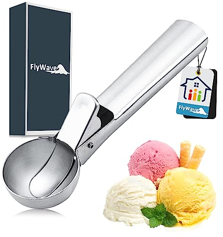 FlyWave Eisportionierer, Eiskugelportionierer Edelstahl 304, 18 x 5 cm Eisportionierer Edelstahl, Ice Cream Scoop Geeignet für Keksteig, Eis Usw, Spülmaschinenfest |Silber