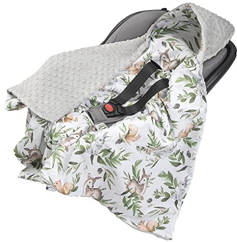 Medi Partners Einschlagdecke Baby Babyschale 100% Baumwolle für Sommer 85x85cm Kinderwagen Kuscheldecke universal Baby Decke Einschlagdecken Babydecke Buggy Autositz (Hirsch mit grauem Minky)