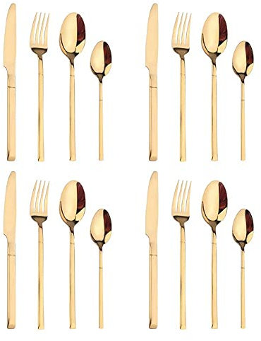 Juego de cubiertos de acero inoxidable de 16 piezas, 18/8 cuchillos de mesa/tenedor de mesa de acero inoxidable/cuchara de mesa/cucharadita, juego de cubiertos en plata para 4, pulido espejo, se puede