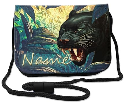 Maus-Design Kinder Brustbeutel mit Name, Panther | Schriftartwahl, Klettverschluss, Schnur zum Umhängen, Klarsichtfach, Personalisiert