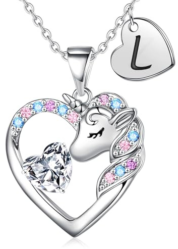 TINGN Einhorn Geschenke für Mädchen - Einhorn Halskette für Mädchen 14 Karat Vergoldet Einhorn Kette Kinder Herz Halskette mit Buchstaben Kette Mädchen Schmuck Geburtstagsgeschenk für Tochter