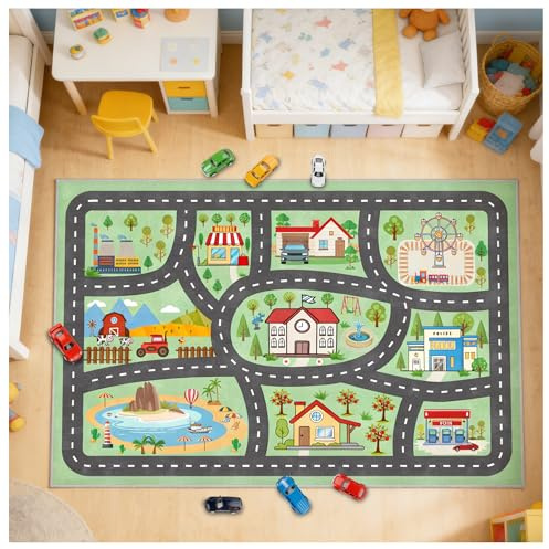 YSYTLCL Kids Rug Car Rugs 31''x47'' Playmat Carpet for Play Toy Cars for Playroom Classroom Kids Room, Non-Slip Road Traffic Floor Rug Mats, Washable Children's Town Road Play Rug.
