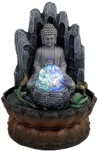 Fuente de Buda Meditando de Mesa para Interiores con Base de Flor de Loto - Cascada de Fuente de Escritorio Sonido de Agua Tranquilo y Relajante - Fuente Zen Decoración para La Hogar