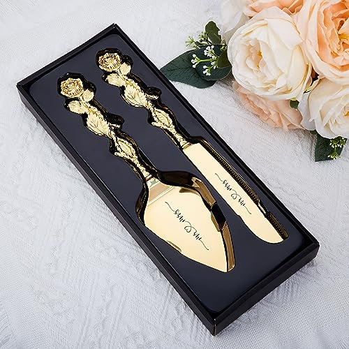 Munidow Couteau à gâteau personnalisé et pelle à gâteau de mariage Ensemble couteau et pelle à gâteau doré Couverts de mariage personnalisés pour une cérémonie de découpe de gâteau parfaite
