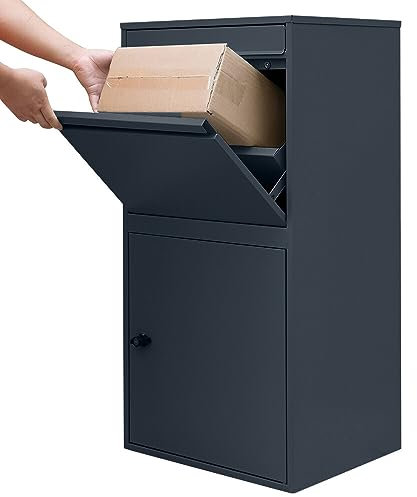 Panana Large Lockable Parcel Box Dark Grey Front Door & Top Flip for Secure Internet Deliveries - Wall Mounted/Floor Standing Gate Fence Mounting, Large Size