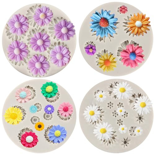 MYPRACS Moldes de silicona con diseño de flores de crisantemo para fondant, para decoración de pasteles, pasta de goma, cupcakes, caramelos, chocolate, arcilla polimérica, juego de 4