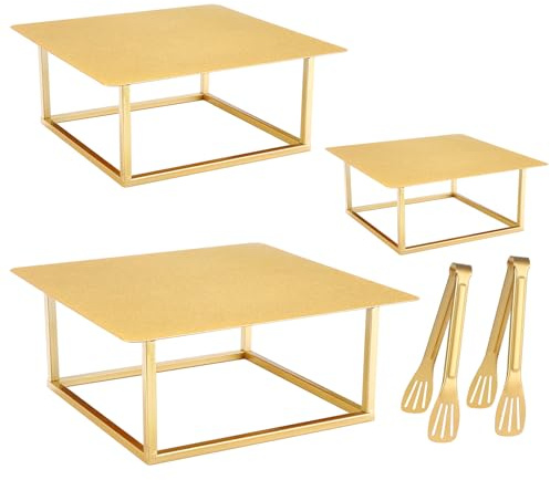 Dualshine 3 Pcs Square Gold Cake Stand Set, 8 10 12 Metal | Dessert Table Display - Perfect for Birthday, Wedding Reception & Party Decor - Includes 2 Gold Tongs
