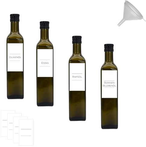 Generisch Essig und Ölflaschen Set 4x 500 ml aus Glas mit Trichter, wasserfesten Etiketten Made in Germany (4x antikgrün, mit Deckel und Kunststoffausgießer)