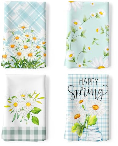 Arquiel Daisy Tea Towels, 100% Cotton Kitchen Towels, Set of 4 | 48x70cm,Machine Washable, Fade Resistant,Decorative dishcloth, Gifts for mom, Housewarming Gifts