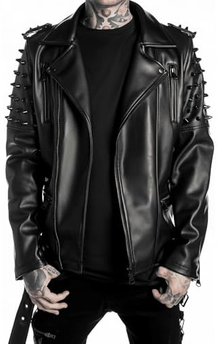 MIRZAYA Men's Brando Notch Lapel Collar Punk Studded Spikes Real Motorbike Black Leather Jacket Rider Rock Classic Streetwear (US, Alpha, Large, Regular, Regular, Black)