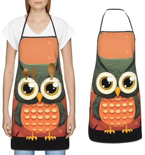 YoupO Kochschürze mit Cartoon-Eule auf orangefarbenem Hintergrund, mit großen Taschen, Küchenschürze, wasserdicht, Arbeitsschürze für Männer und Frauen, Weiss/opulenter Garten, Einheitsgröße