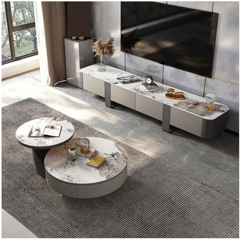 Sideboard Wohnzimmer Hängend Luxuriöser TV-Ständer mit Schieferplatte und Metallbeinen, moderner Entertainment-Center-Medienkonsolentisch mit 4 Schubladen zur Wohnzimmerdekoration, 78,7/86,6 Zoll TV L