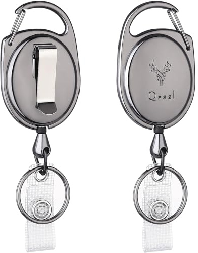 QREEL Heavy Duty Badge Reel, Metal Retractable Keychain, Steel Cord Retractable Badge Holder with Carabiner, Belt Clip and Key Ring (Gun Grey, All Metal Case, 2 Pack)