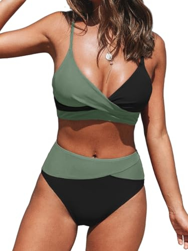 CUPSHE Costume da Bagno Donna Due Pezzi a Vita Alta Con Scollo a V Twist Anteriore Regolabile Senza Spalline