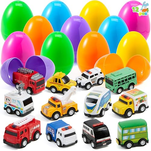 JOYIN 12 huevos de Pascua prellenados con juguetes, huevos de Pascua de plástico con retiradores de coche, de aleación, rellenos de cesta de Pascua para niños, regalos de fiesta de Pascua, búsqueda de