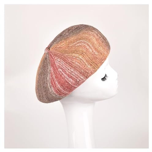 AMateschitz Farbverlauf Gestrickte Baskenmütze Bunte Wolle Barett Mütze Französische Stricken Barett Damen Klassische Wollmützen für Zuhause Lässige Sport Arbeit Schule Party Feste Braun 56-58CM