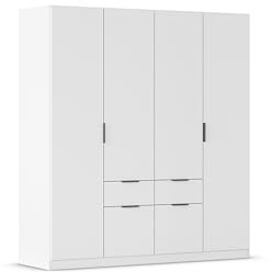 Rauch Möbel Glasgow Drehtürenschrank, Kleiderschrank, Schrank, Garderobe 4-türig, 4 Schubladen, Farbe Weiß, Griffprofil Grau metallic, 181x197x54cm