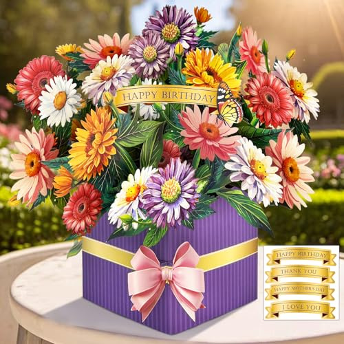 Hierein Pop Up Karte Geburtstag, 3D Popup Gänseblümchen Geburtstagskarte Frau, Geburtstagskarte mit Blumen für Mama Ehefrau Schwester Tochter Beste Freundin, Geburtstagsgeschenk für Frauen