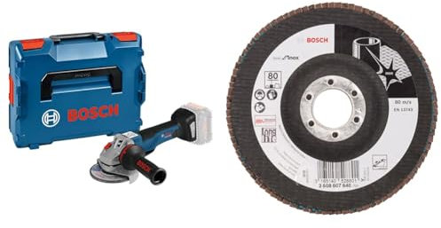 Bosch Professional 18V System Akku Winkelschleifer GWS 18V-10 PSC (inkl. Aufnahmeflansch, Schutzhaube, Einlage, L-BOXX, ohne Akku/Ladegerät) + Fächerschleifscheibe X581 Best for Inox Korn 80