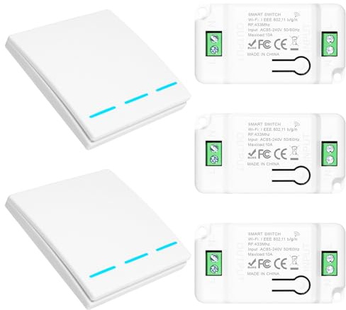 interruptor inteligente, Interruptores de luz de pared, Kit de Interruptor de Luz Inalámbricas, RF 433Mhz 220V interruptor inalambrico receptor, alcance de 100 m, 2 interruptores blanco y 3 receptore