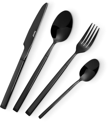 hecef 16-Piece Reusable Cutlery Set, Stainless Steel, Black | Mirror Polish Finish, Includes Knives, Forks, Spoons & Teaspoons, 4 Place Settings, Dishwasher Safe