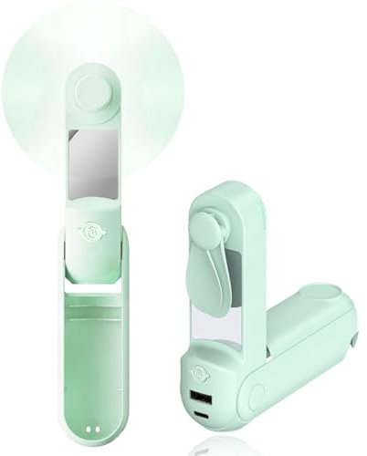 WUSJCOF Mini Ventilateur Portatif 5-en-1, Silencieux et Rechargeable par USB, Powerbank 2500 mAh, Autonomie Max 12-48H, Écran LED, Avec Chargeur Portable, Pour Femme et Fille (Vert)