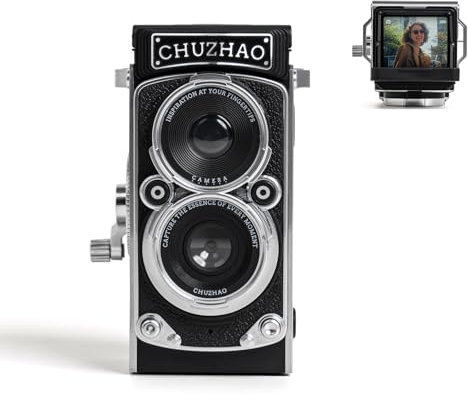 CHUZHAO Retro Digital Camera with Time Stamp, Portable TLR Vintage Camera 1080P FHD Video 12MP Photos Autofocus Mini Vlogging Camera with 16GB Card for Beginners Teens Adults, Black