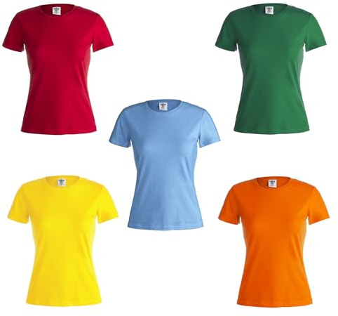 Genérico Dale Color a tu Armario con Nuestro Pack de 5 Camisetas para Mujer – Amarillo Azul Naranja roja Verde – 150GSM (FR/ES, Letras, M, Regular, Regular, Amarillo, Azul, Naranja, Rojo, Verde)