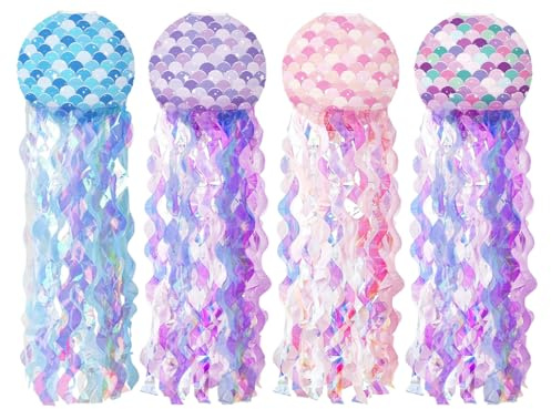 Hitopin 4 Piezas Linternas de Papel de Medusas, Faroles de Medusas para Colgar, Linternas Decorativas de Sirena, Farol de Papel de Medus, para Fiesta Sirena Decoración Tema del Océano Decoraciones