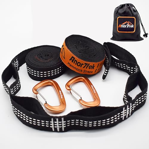 Anortrek Hängematten Gurte 2er Set Schwerlast (226kg/Schlinge) I 2,5m Baumgurte mit 6 Schlaufen & 2 Karabinern I Schaukel Befestigung Camping (2,5 m mit 2 Karabinern mit Drahttor)