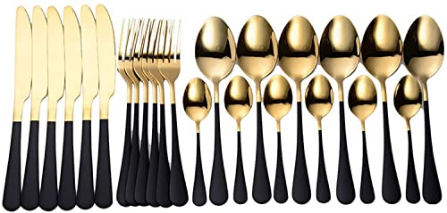 OVLIIYWZY Bestecksets Edelstahlgeschirr Goldbesteck Modernes Gabelmesserset Schwarz Goldenes Küchenbesteck 24-teiliges Tafelservice Geschirr Besteckset