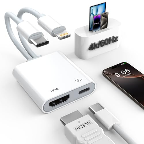 Apple Adaptateur USB-C et Lightning vers HDMI pour iPhone iPad vers TV 4K @ 60 Hz Certifié MFi Lightning / Type-C Digital AV HDMI Cordon Compatible avec iPhone 17 16 15 14 iPad Samsung Switch 2 en 2