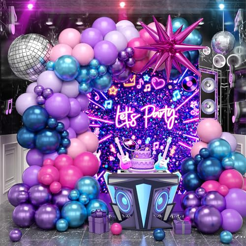 Purple Blue Pink Balloon Arch Kit, Light Pink Hot Pink Metallic Blue Purple Balloons Garland with Star Disco Ball Foil Balloons, Boy Girls Music Fans Singer Theme Birthday Prom Party Supplies