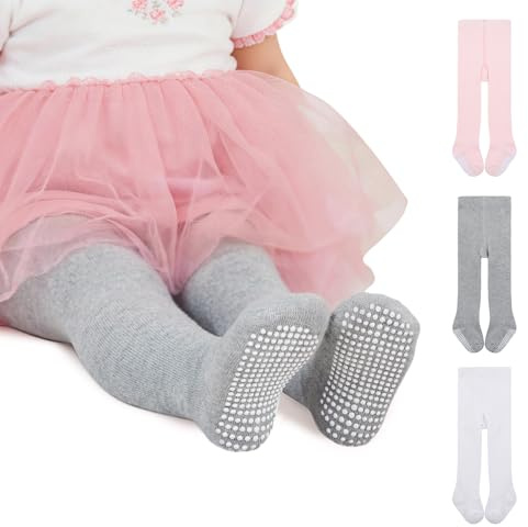 Zando 3 Pack Toddler Tights Knit Baby Girl Stockings Grey White Pink 1-2 T | Cable knit toddler girl tights with grips, cotton seamless warmth, full-footed for crawling, walking, christening & winter.